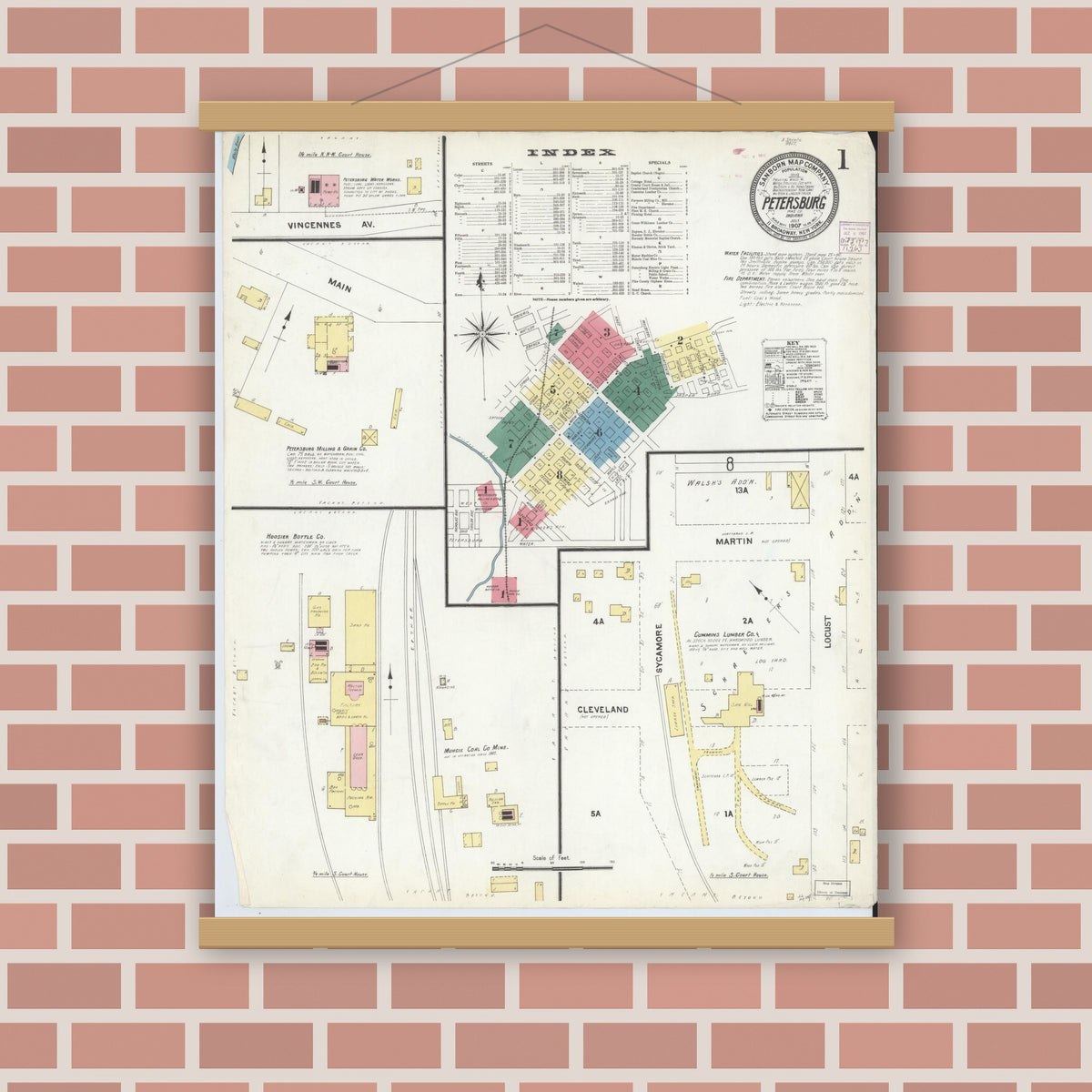 Old map wall art mockup — magnetic wood frame on brick wall — Sanborn Fire Insurance Map from Petersburg, Pike County, Indiana (1907) - Complete Map Set