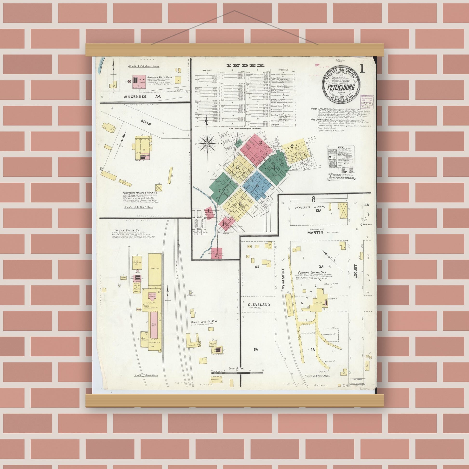 Old map wall art mockup — magnetic wood frame on brick wall — Sanborn Fire Insurance Map from Petersburg, Pike County, Indiana (1907) - Complete Map Set
