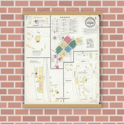 Old map wall art mockup — magnetic wood frame on brick wall — Sanborn Fire Insurance Map from Petersburg, Pike County, Indiana (1907) - Complete Map Set