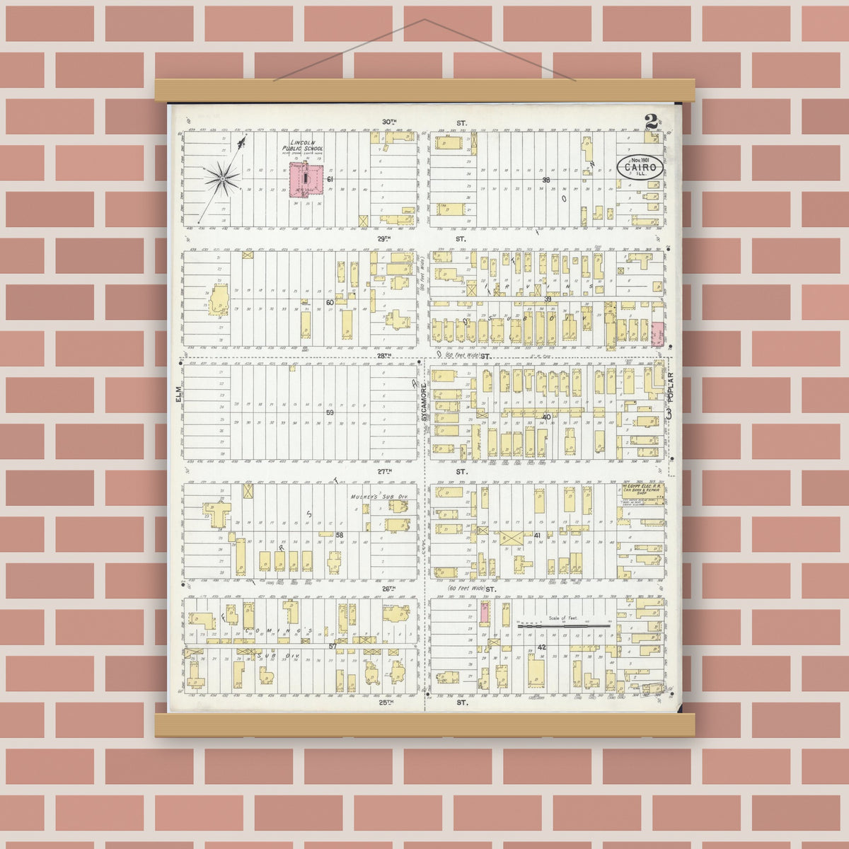 Old map wall art mockup — magnetic wood frame on brick wall — Sanborn Fire Insurance Map from Cairo, Alexander County, Illinois (1901), Sheet #0002