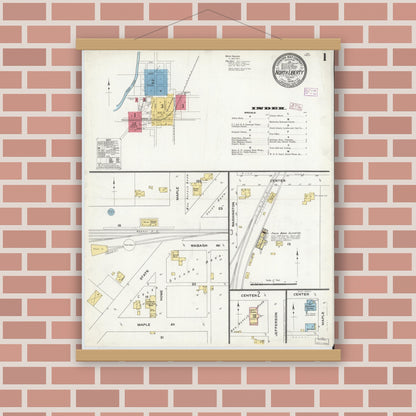 Old map wall art mockup — magnetic wood frame on brick wall — Sanborn Fire Insurance Map from North Liberty, Saint Joseph County, Indiana (1909) - Complete Map Set
