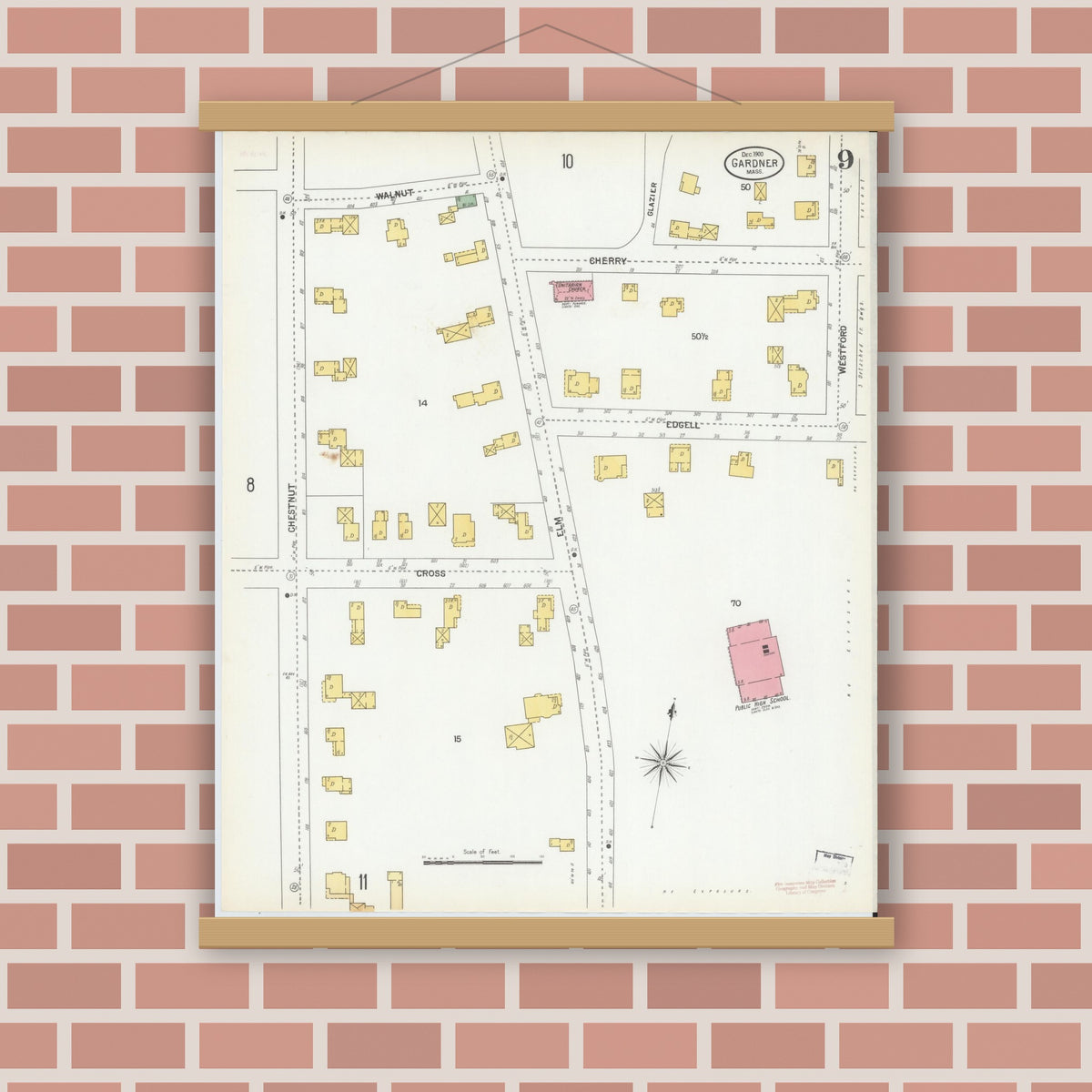 Old map wall art mockup — magnetic wood frame on brick wall — Sanborn Fire Insurance Map from Gardner, Worcester County, Massachusetts (1900), Sheet #0009