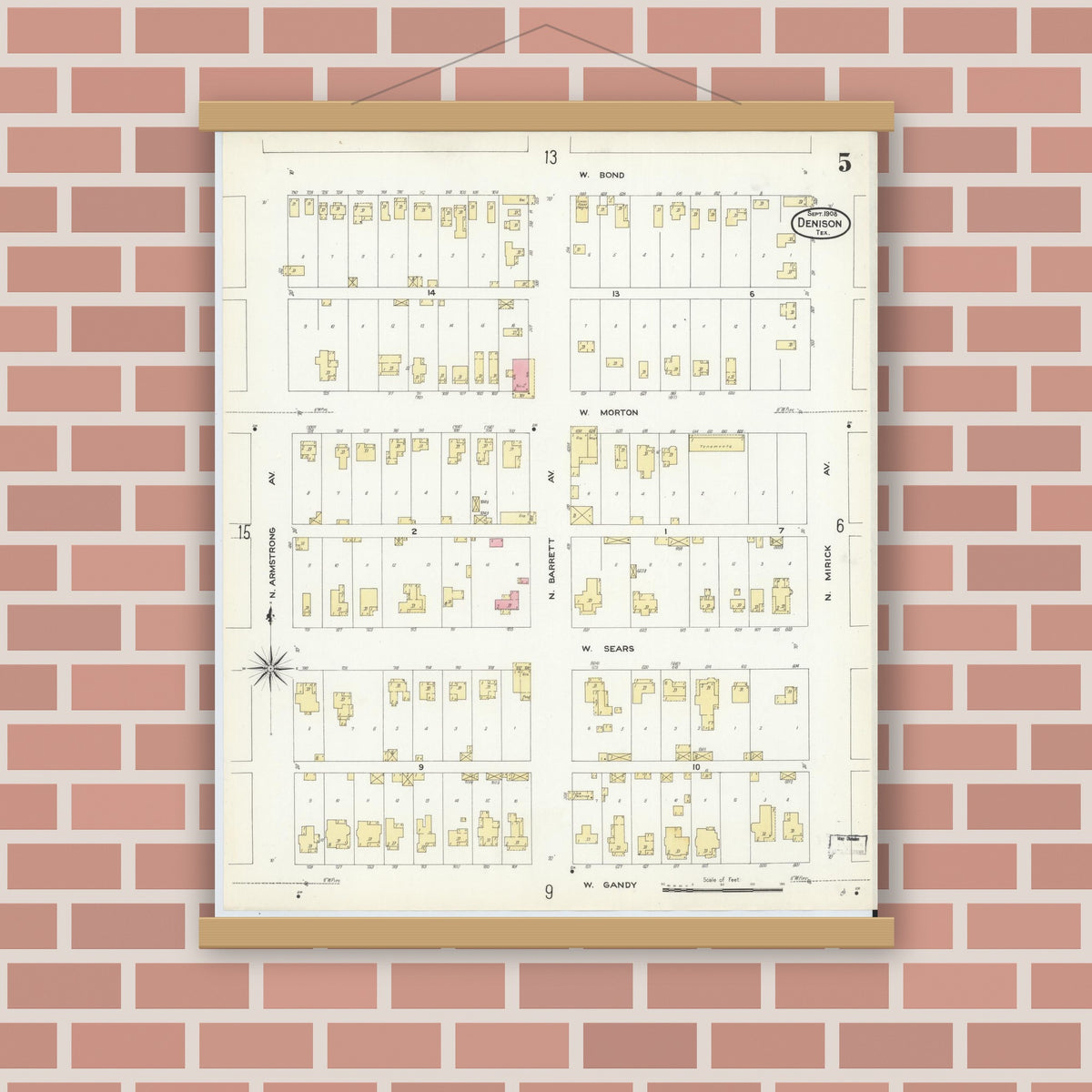 Old map wall art mockup — magnetic wood frame on brick wall — Sanborn Fire Insurance Map from Denison, Grayson County, Texas (1908), Sheet #0005