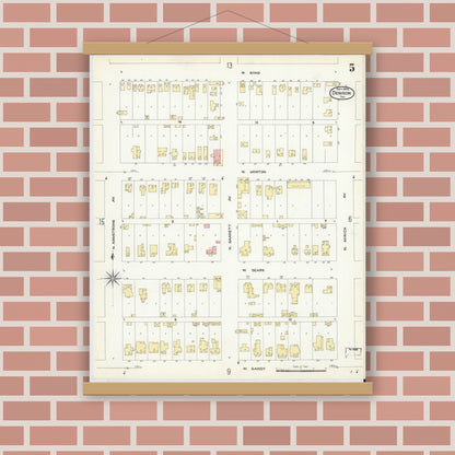 Old map wall art mockup — magnetic wood frame on brick wall — Sanborn Fire Insurance Map from Denison, Grayson County, Texas (1908), Sheet #0005