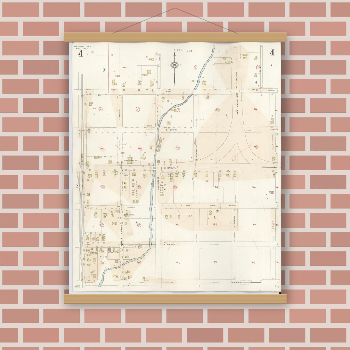 Old map wall art mockup — magnetic wood frame on brick wall — Sanborn Fire Insurance Map from Bastrop, Bastrop County, Texas (1944), Sheet #0004