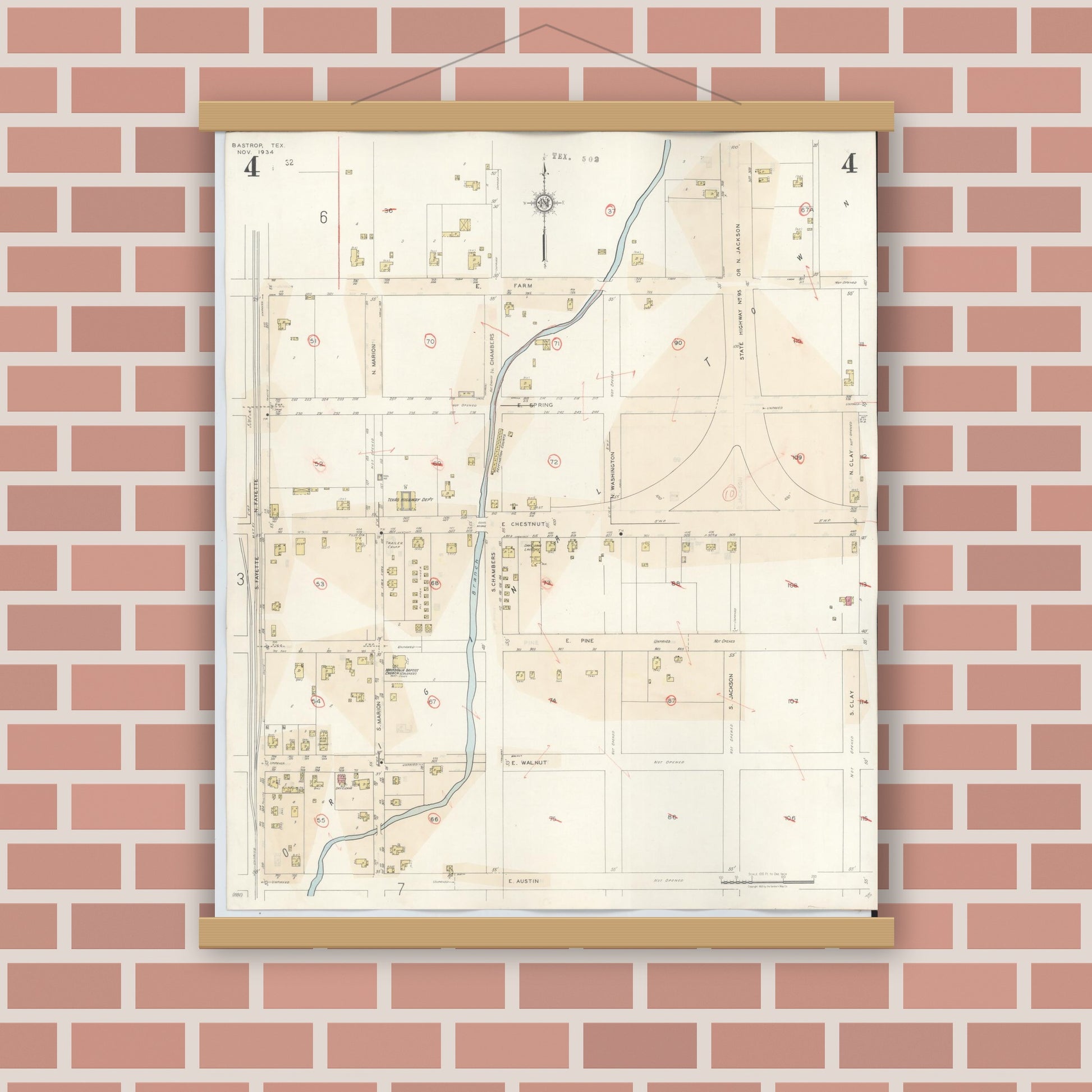 Old map wall art mockup — magnetic wood frame on brick wall — Sanborn Fire Insurance Map from Bastrop, Bastrop County, Texas (1944), Sheet #0004