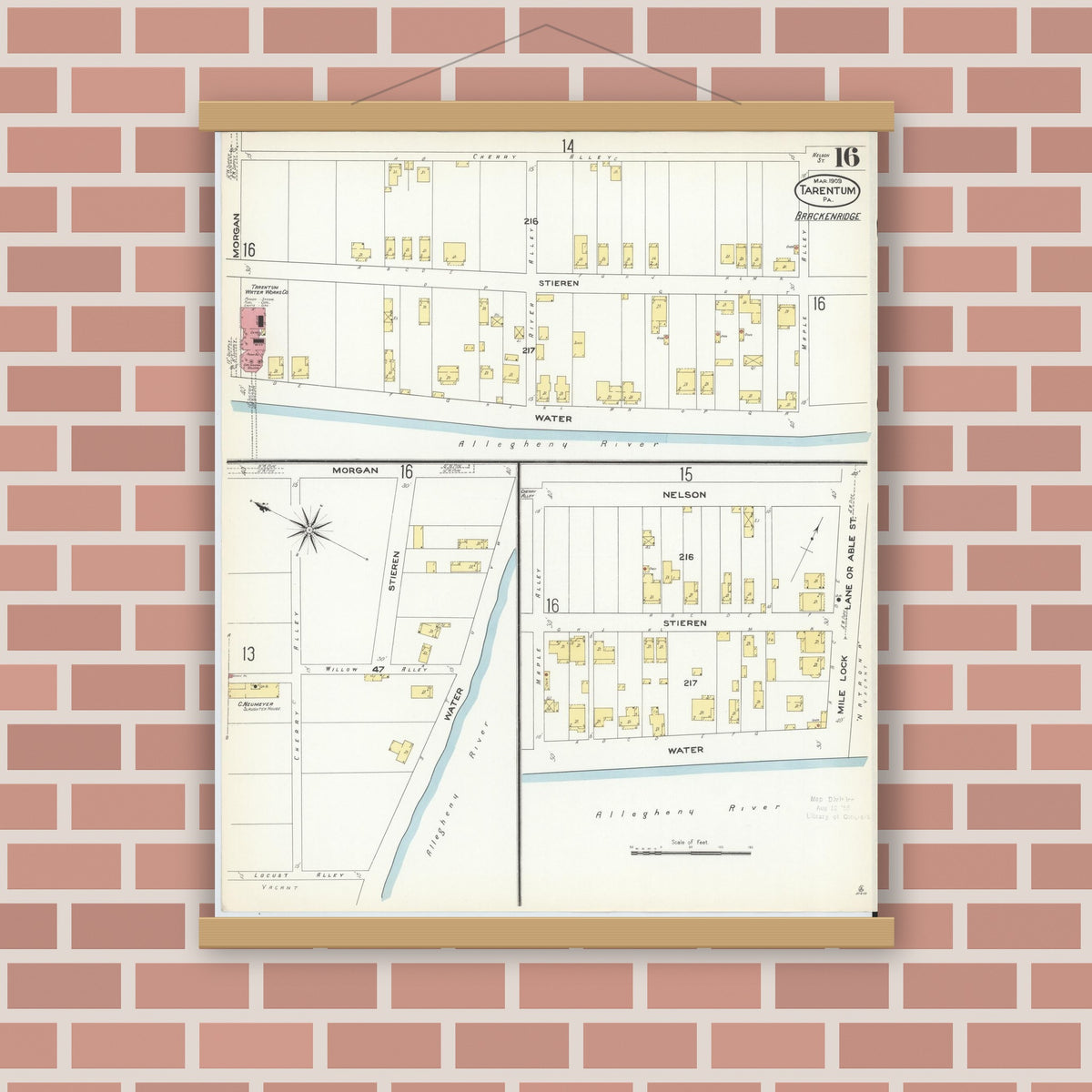Old map wall art mockup — magnetic wood frame on brick wall — Sanborn Fire Insurance Map from Tarentum, Allegheny County, Pennsylvania (1909), Sheet #0016