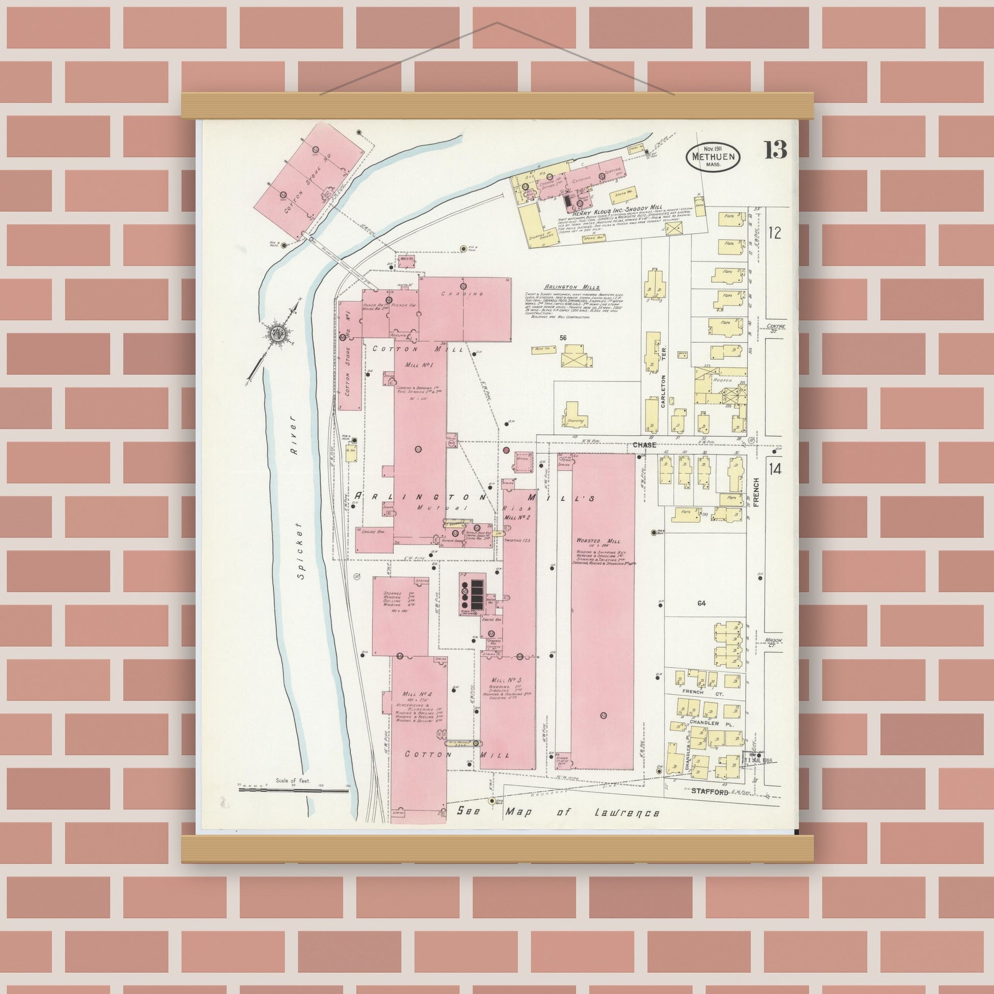 Old map wall art mockup — magnetic wood frame on brick wall — Sanborn Fire Insurance Map from Methuen, Essex County, Massachusetts (1911), Sheet #0013