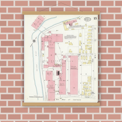Old map wall art mockup — magnetic wood frame on brick wall — Sanborn Fire Insurance Map from Methuen, Essex County, Massachusetts (1911), Sheet #0013