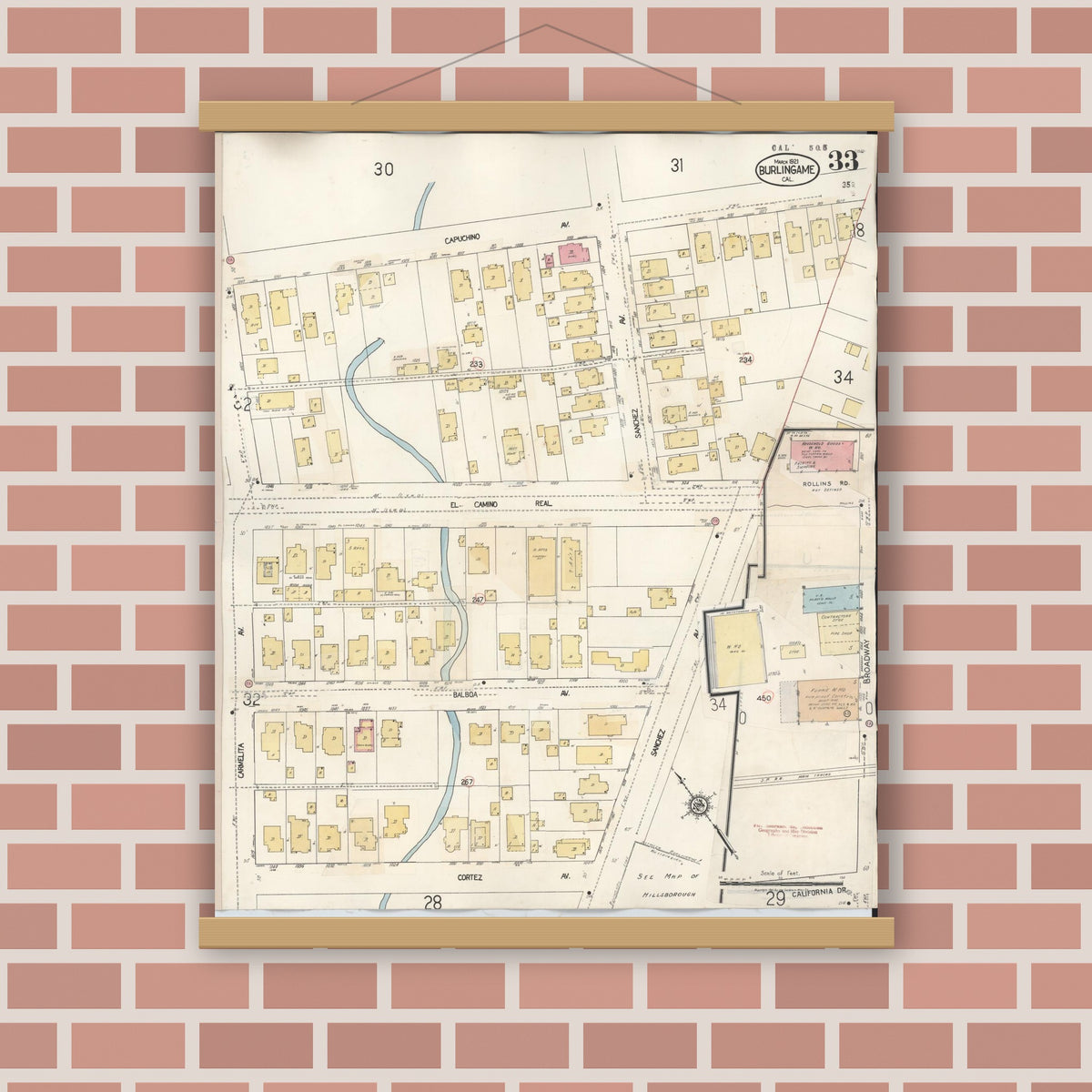 Old map wall art mockup — magnetic wood frame on brick wall — Sanborn Fire Insurance Map from Burlingame, San Mateo County, California (1949), Sheet #0033