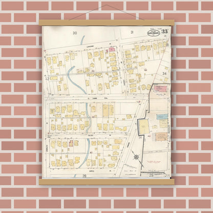 Old map wall art mockup — magnetic wood frame on brick wall — Sanborn Fire Insurance Map from Burlingame, San Mateo County, California (1949), Sheet #0033