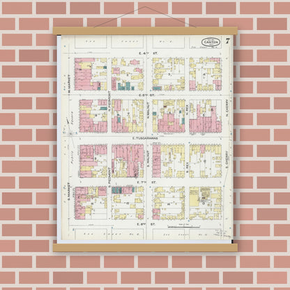 Old map wall art mockup — magnetic wood frame on brick wall — Sanborn Fire Insurance Map from Canton, Stark County, Ohio (1891), Sheet #0007