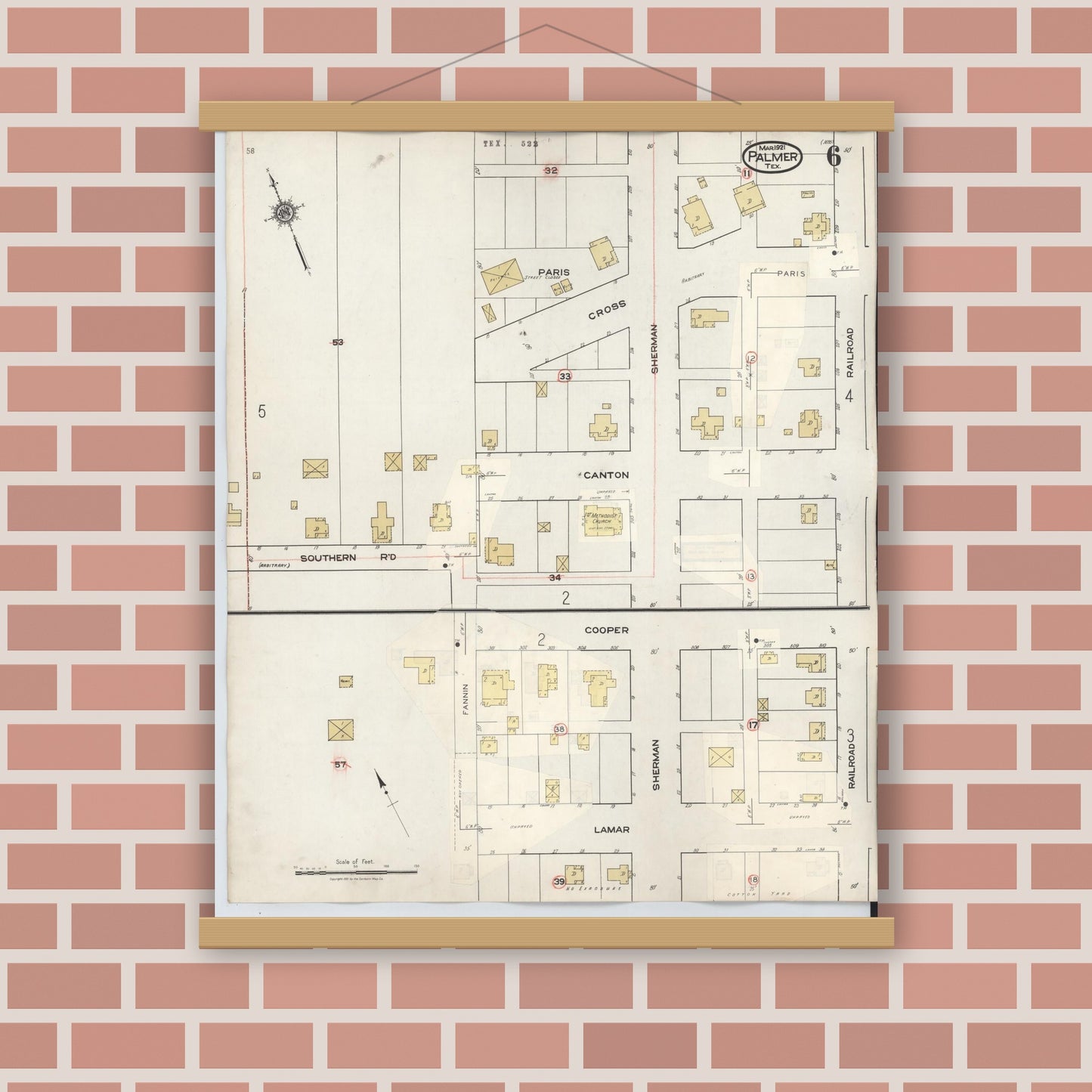 Old map wall art mockup — magnetic wood frame on brick wall — Sanborn Fire Insurance Map from Palmer, Ellis County, Texas (1936), Sheet #0006