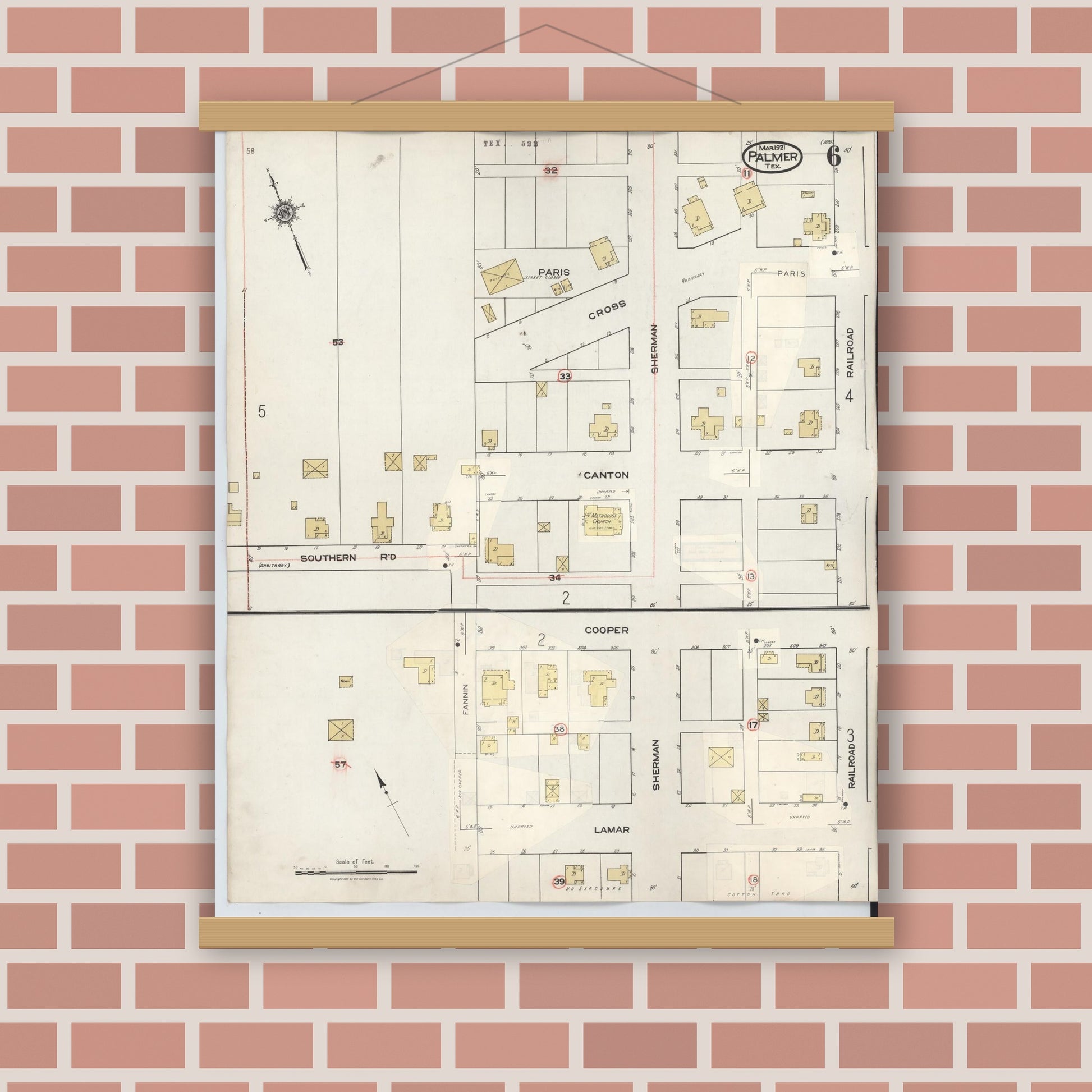 Old map wall art mockup — magnetic wood frame on brick wall — Sanborn Fire Insurance Map from Palmer, Ellis County, Texas (1936), Sheet #0006