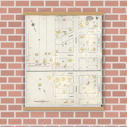 Old map wall art mockup — magnetic wood frame on brick wall — Sanborn Fire Insurance Map from Palmer, Ellis County, Texas (1936), Sheet #0006