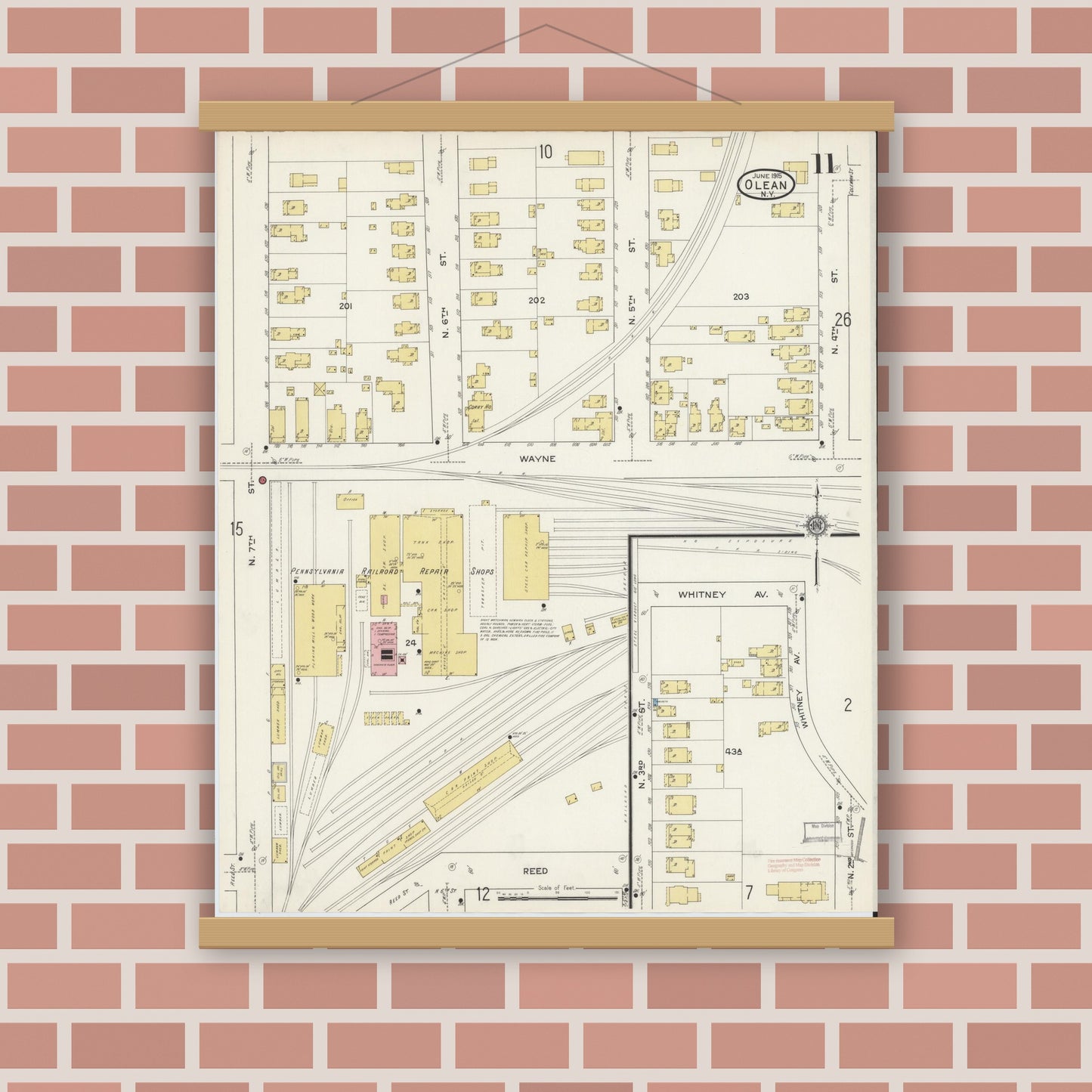 Old map wall art mockup — magnetic wood frame on brick wall — Sanborn Fire Insurance Map from Olean, Cattaraugus County, New York (1915), Sheet #0011