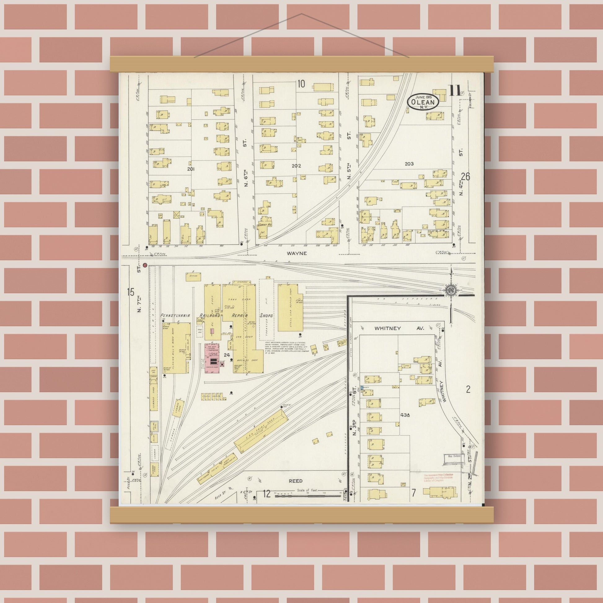 Old map wall art mockup — magnetic wood frame on brick wall — Sanborn Fire Insurance Map from Olean, Cattaraugus County, New York (1915), Sheet #0011