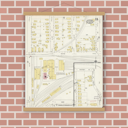 Old map wall art mockup — magnetic wood frame on brick wall — Sanborn Fire Insurance Map from Olean, Cattaraugus County, New York (1915), Sheet #0011