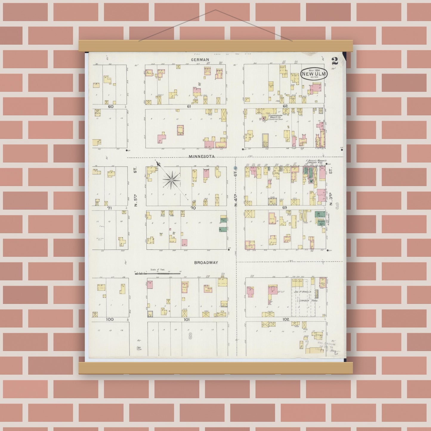 Old map wall art mockup — magnetic wood frame on brick wall — Sanborn Fire Insurance Map from New Ulm, Brown County, Minnesota (1894), Sheet #0002