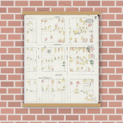 Old map wall art mockup — magnetic wood frame on brick wall — Sanborn Fire Insurance Map from New Ulm, Brown County, Minnesota (1894), Sheet #0002