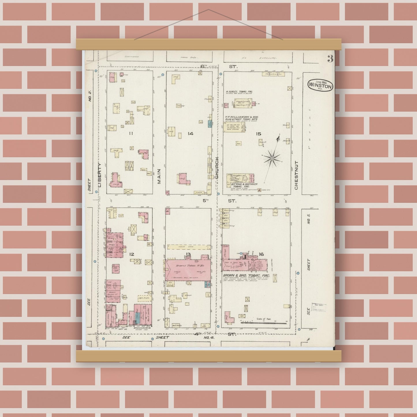 Old map wall art mockup — magnetic wood frame on brick wall — Sanborn Fire Insurance Map from Winston-Salem, Forsyth County, North Carolina (1885), Sheet #0003