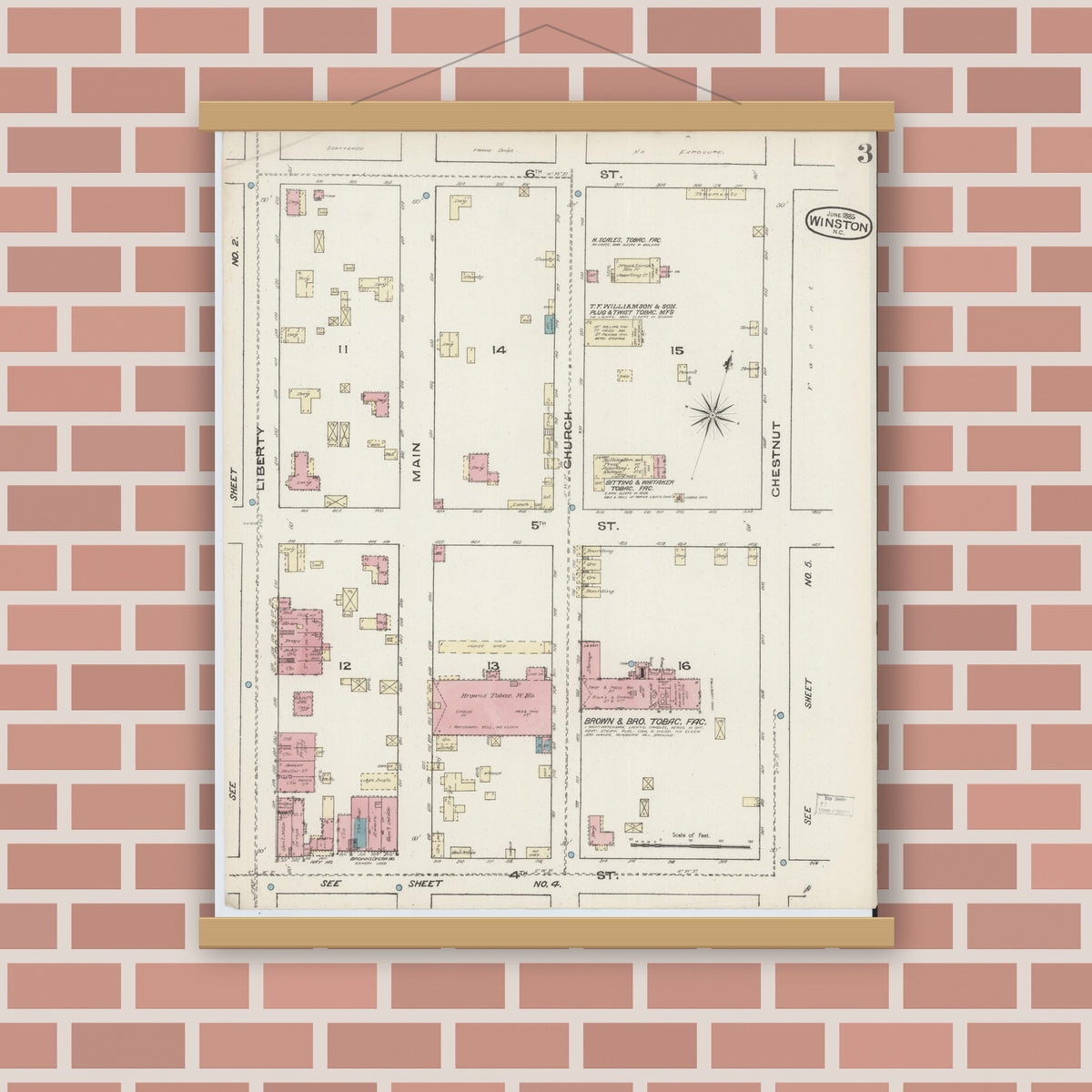 Old map wall art mockup — magnetic wood frame on brick wall — Sanborn Fire Insurance Map from Winston-Salem, Forsyth County, North Carolina (1885), Sheet #0003