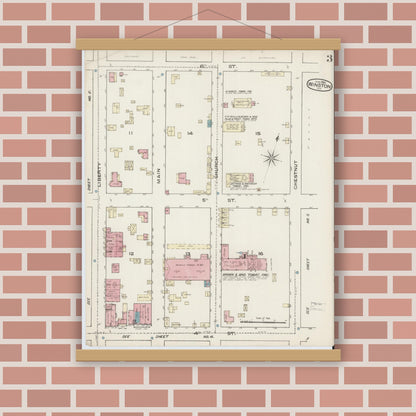 Old map wall art mockup — magnetic wood frame on brick wall — Sanborn Fire Insurance Map from Winston-Salem, Forsyth County, North Carolina (1885), Sheet #0003