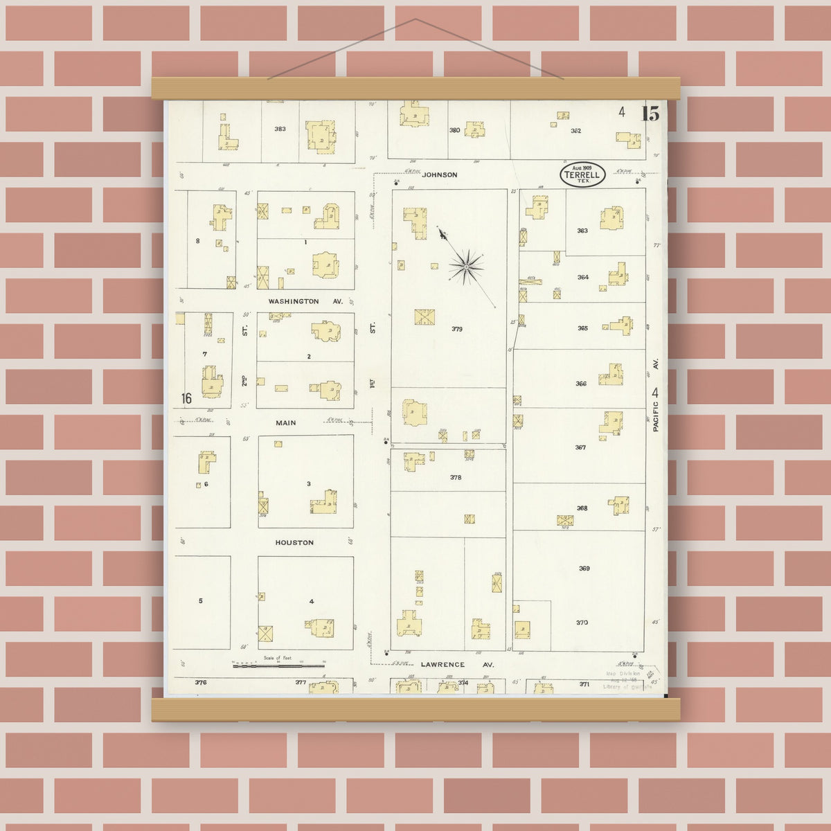 Old map wall art mockup — magnetic wood frame on brick wall — Sanborn Fire Insurance Map from Terrell, Kaufman County, Texas (1909), Sheet #0015