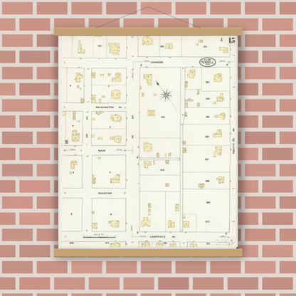 Old map wall art mockup — magnetic wood frame on brick wall — Sanborn Fire Insurance Map from Terrell, Kaufman County, Texas (1909), Sheet #0015