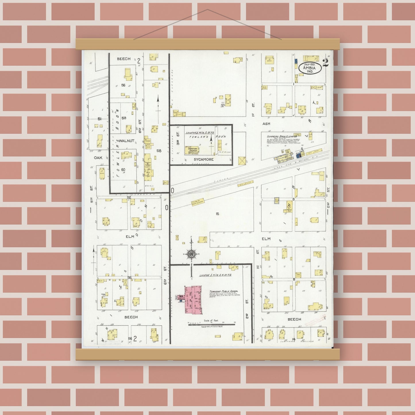Old map wall art mockup — magnetic wood frame on brick wall — Sanborn Fire Insurance Map from Ambia, Benton County, Indiana (1921), Sheet #0002