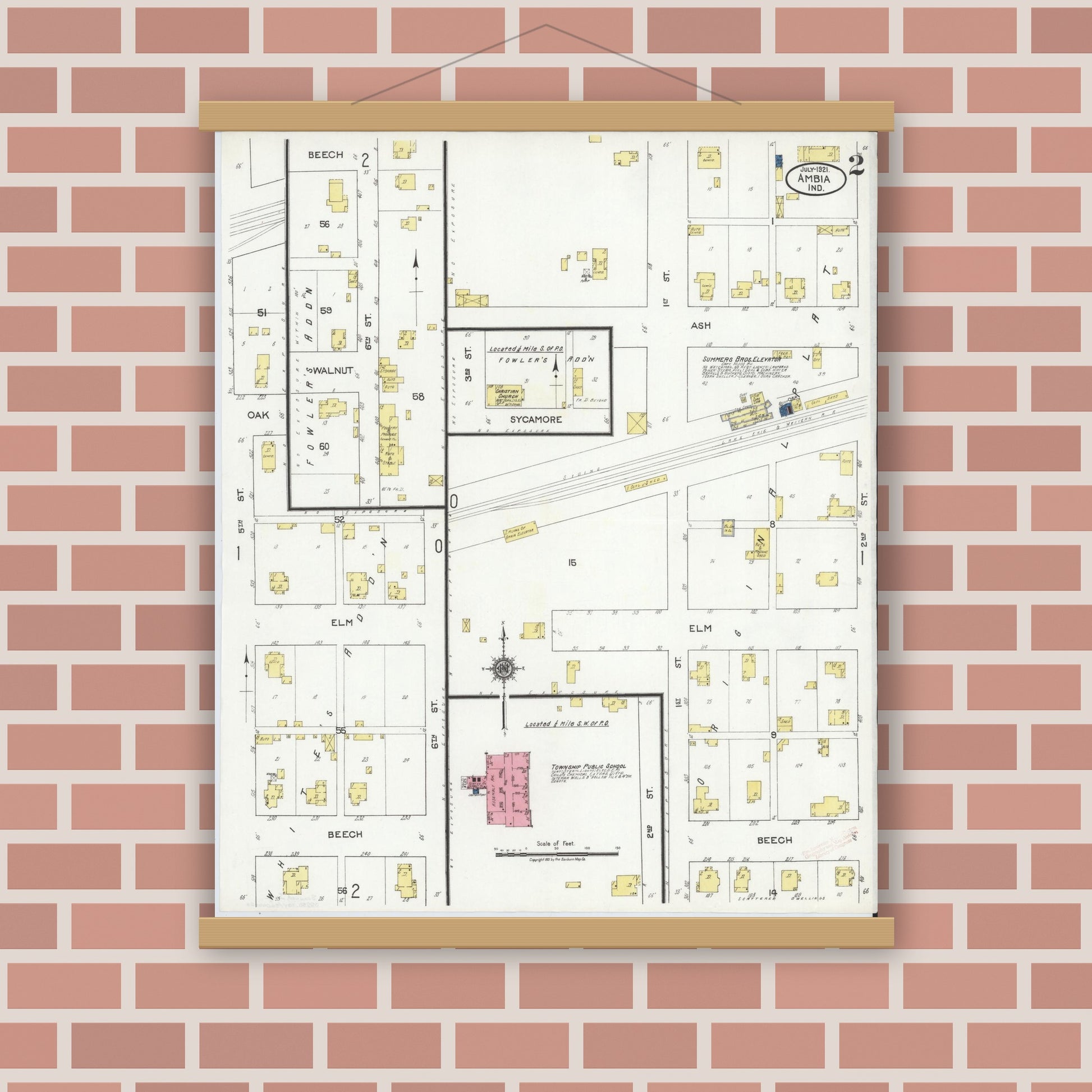 Old map wall art mockup — magnetic wood frame on brick wall — Sanborn Fire Insurance Map from Ambia, Benton County, Indiana (1921), Sheet #0002