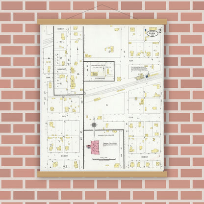 Old map wall art mockup — magnetic wood frame on brick wall — Sanborn Fire Insurance Map from Ambia, Benton County, Indiana (1921), Sheet #0002