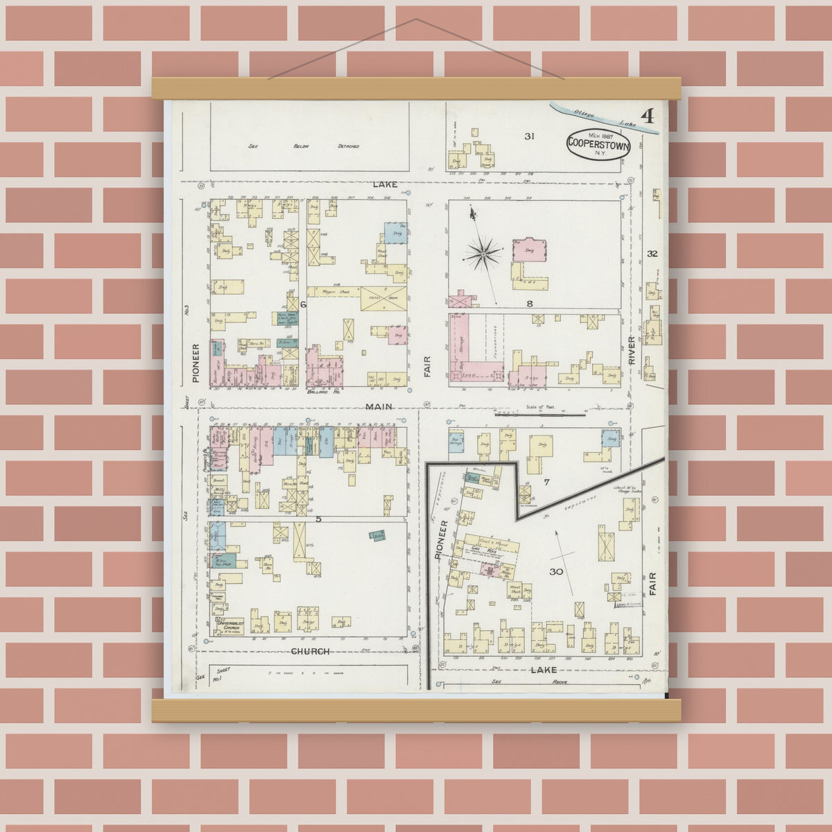 Old map wall art mockup — magnetic wood frame on brick wall — Sanborn Fire Insurance Map from Cooperstown, Otsego County, New York (1887), Sheet #0004