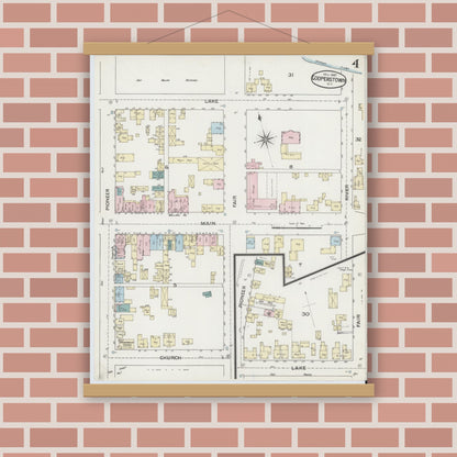 Old map wall art mockup — magnetic wood frame on brick wall — Sanborn Fire Insurance Map from Cooperstown, Otsego County, New York (1887), Sheet #0004
