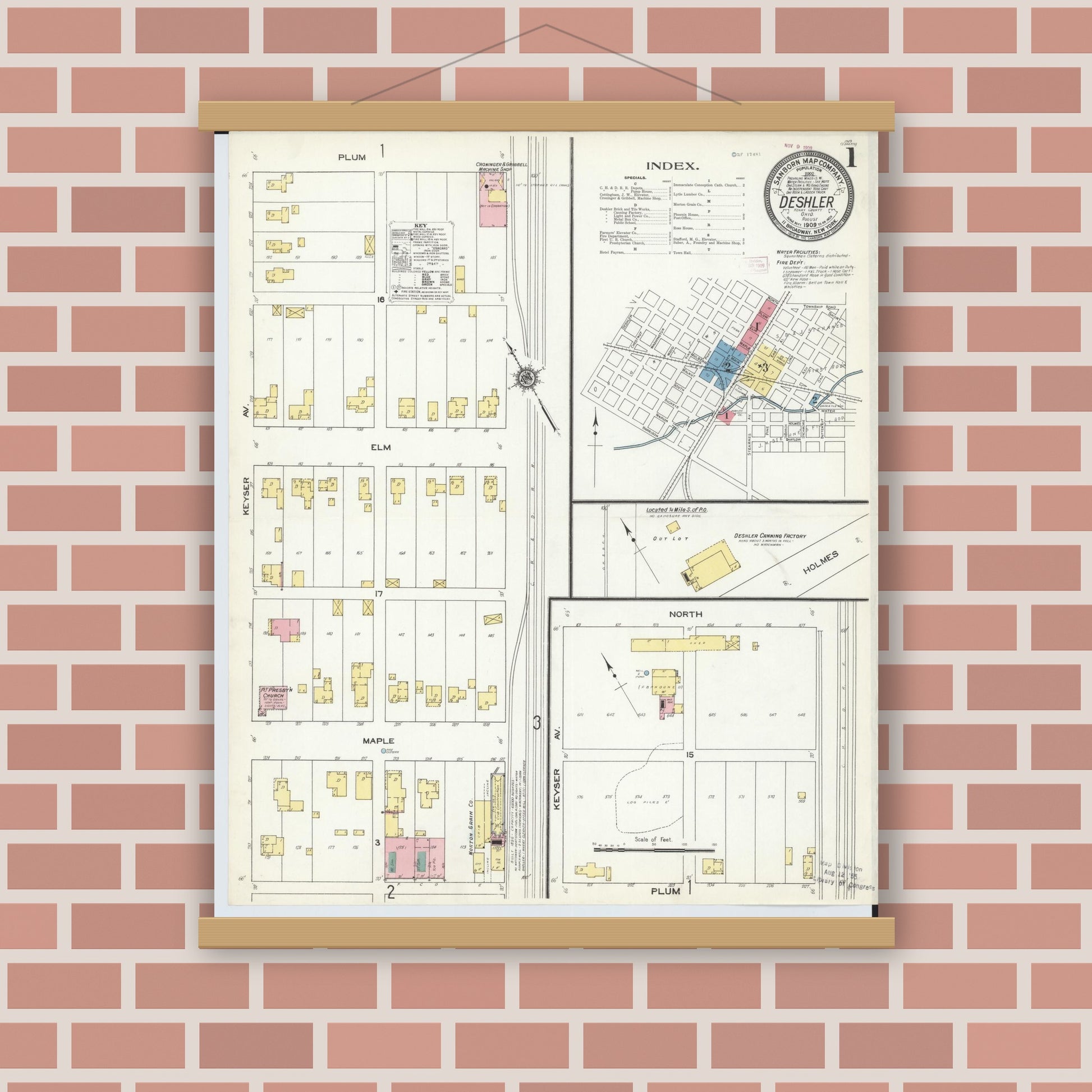 Old map wall art mockup — magnetic wood frame on brick wall — Sanborn Fire Insurance Map from Deshler, Henry County, Ohio (1909) - Complete Map Set