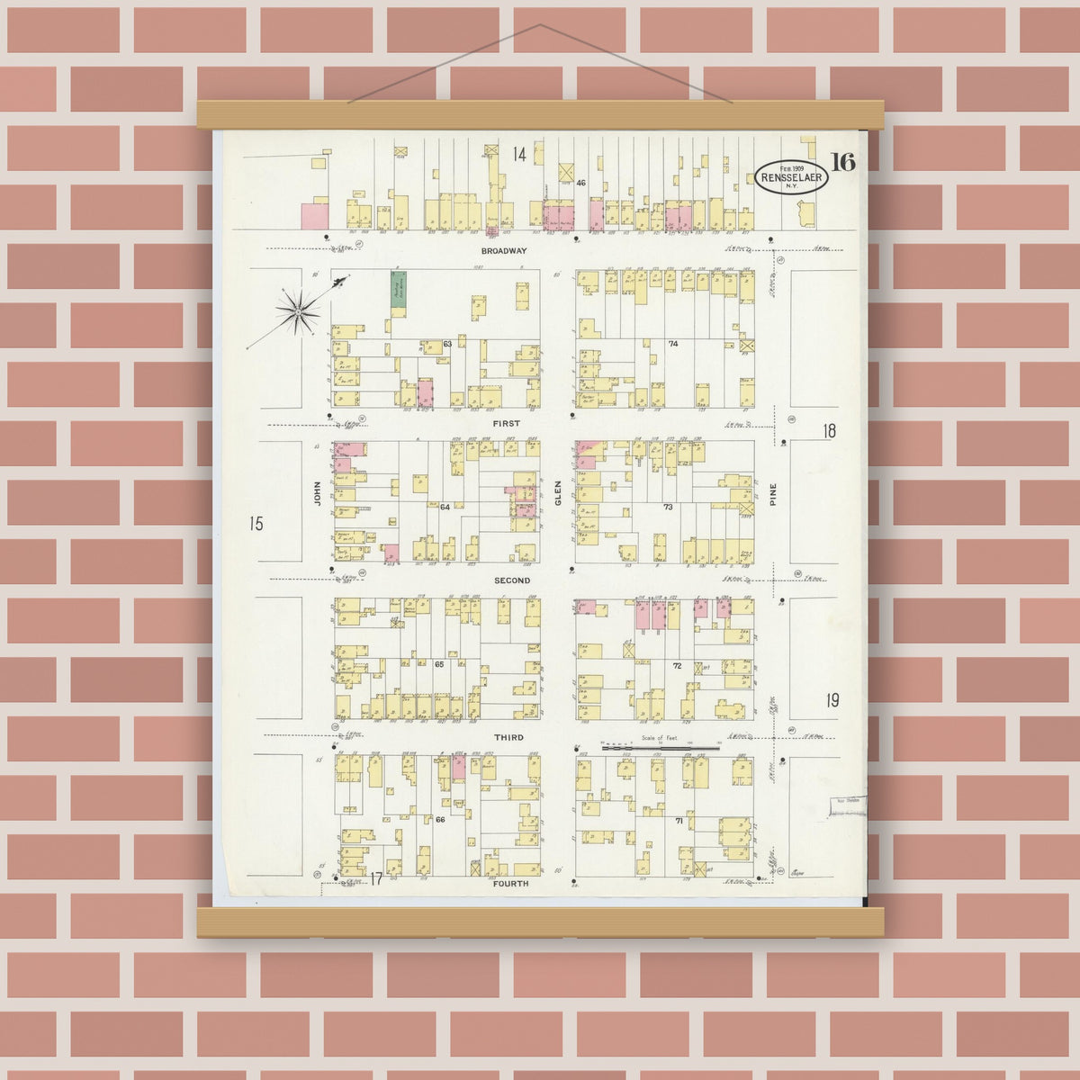 Old map wall art mockup — magnetic wood frame on brick wall — Sanborn Fire Insurance Map from Rensselaer, Rensselaer County, New York (1909), Sheet #0016
