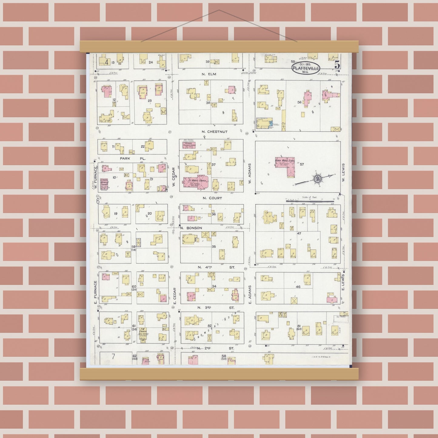 Old map wall art mockup — magnetic wood frame on brick wall — Sanborn Fire Insurance Map from Platteville, Grant County, Wisconsin (1915), Sheet #0005