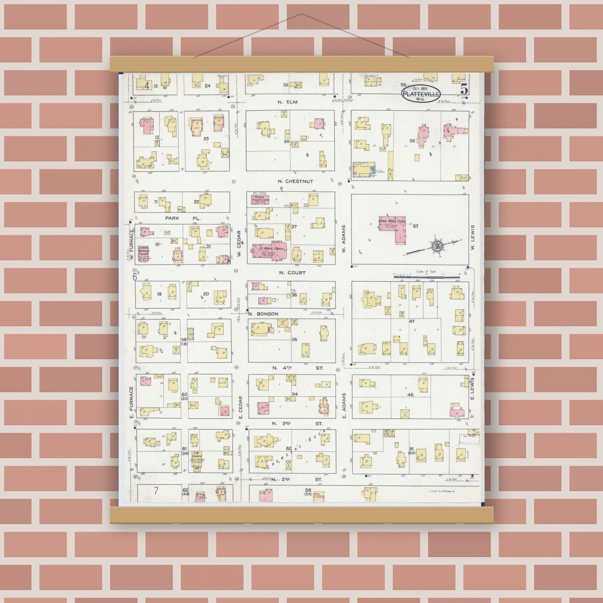 Old map wall art mockup — magnetic wood frame on brick wall — Sanborn Fire Insurance Map from Platteville, Grant County, Wisconsin (1915), Sheet #0005