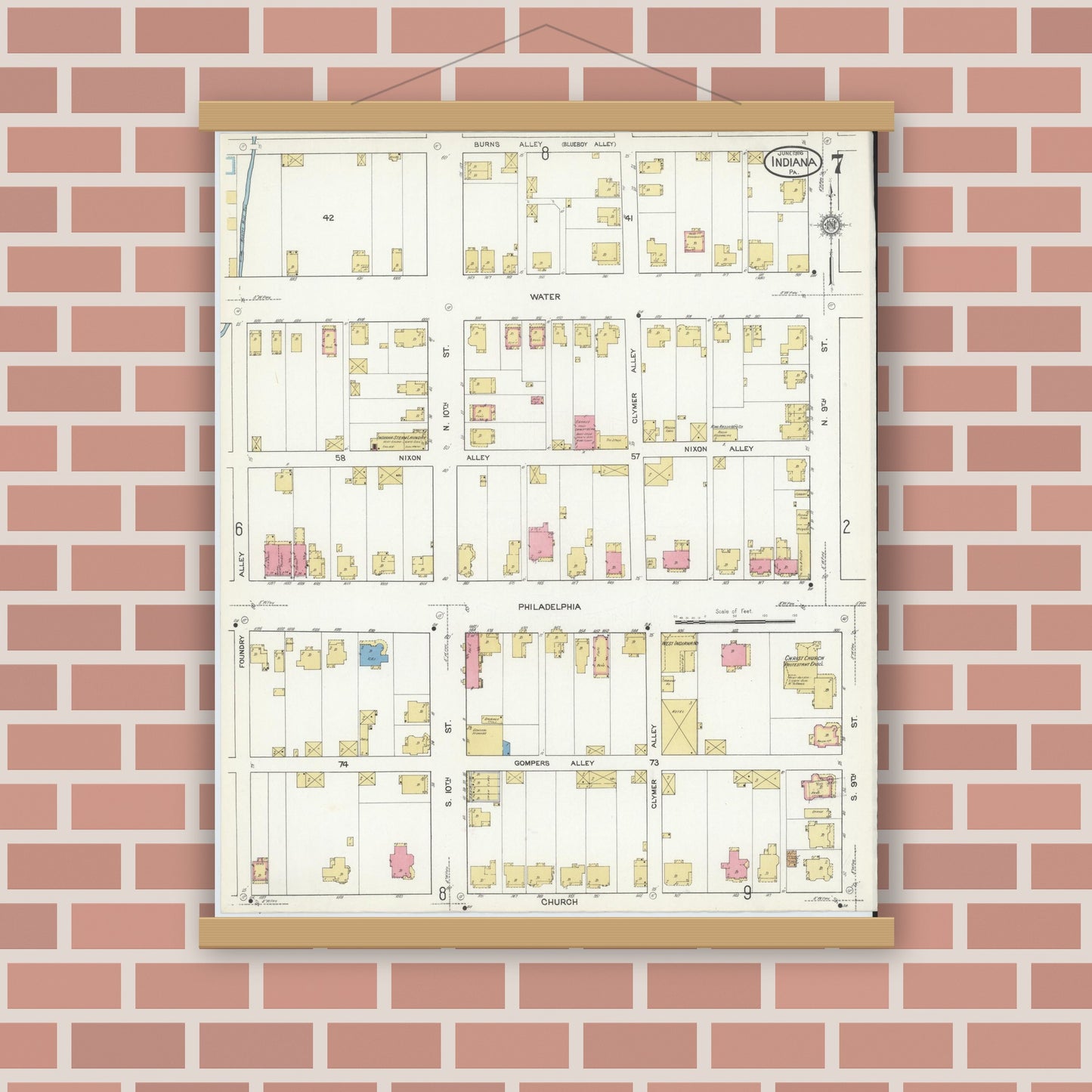 Old map wall art mockup — magnetic wood frame on brick wall — Sanborn Fire Insurance Map from Indiana, Indiana County, Pennsylvania (1916), Sheet #0007
