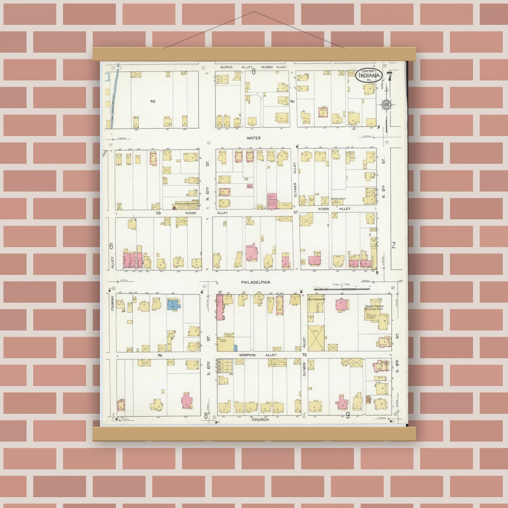 Old map wall art mockup — magnetic wood frame on brick wall — Sanborn Fire Insurance Map from Indiana, Indiana County, Pennsylvania (1916), Sheet #0007