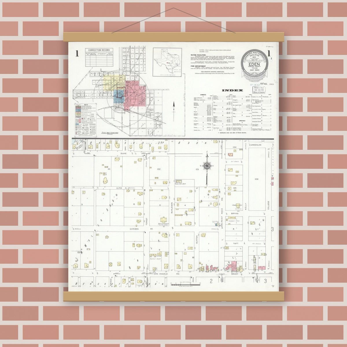Old map wall art mockup — magnetic wood frame on brick wall — Sanborn Fire Insurance Map from Eden, Concho County, Texas (1940) - Complete Map Set
