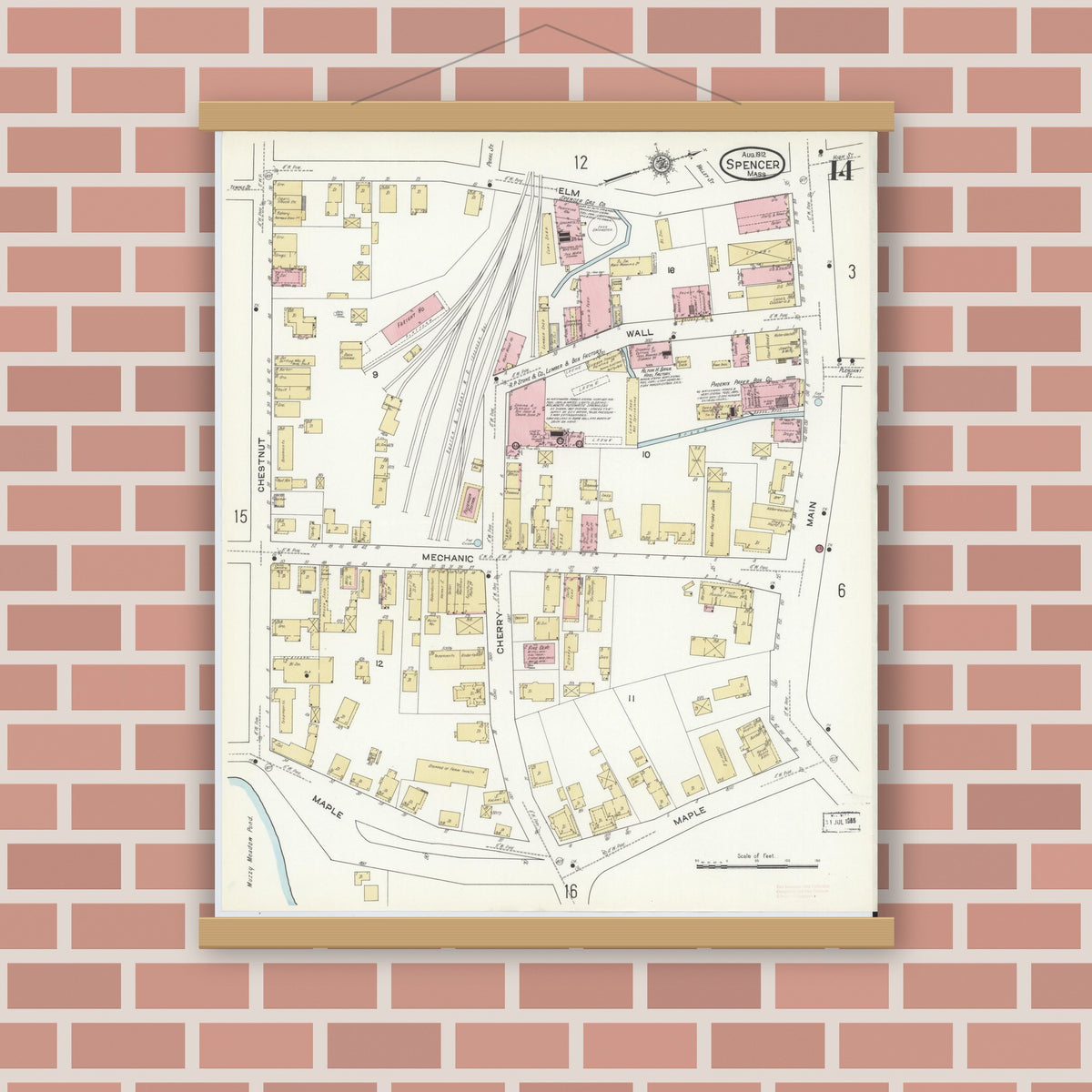 Old map wall art mockup — magnetic wood frame on brick wall — Sanborn Fire Insurance Map from Spencer, Worcester County, Massachusetts (1912), Sheet #0014