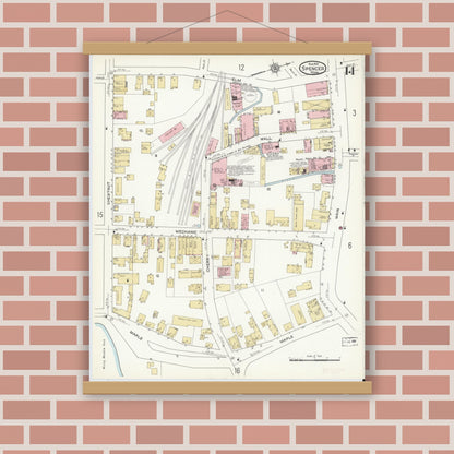 Old map wall art mockup — magnetic wood frame on brick wall — Sanborn Fire Insurance Map from Spencer, Worcester County, Massachusetts (1912), Sheet #0014