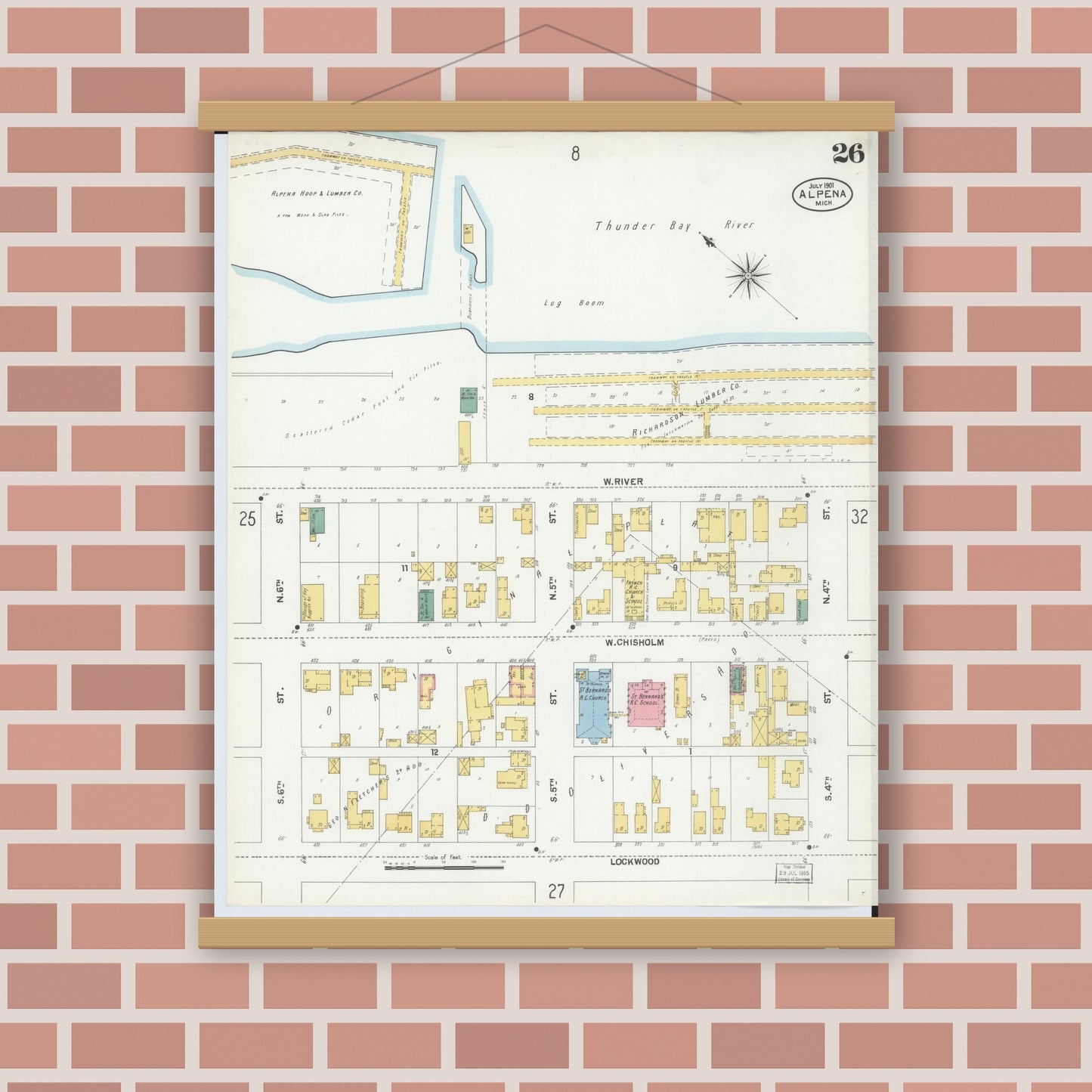 Old map wall art mockup — magnetic wood frame on brick wall — Sanborn Fire Insurance Map from Alpena, Alpena County, Michigan (1901), Sheet #0026