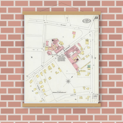 Old map wall art mockup — magnetic wood frame on brick wall — Sanborn Fire Insurance Map from Chicopee, Hampden County, Massachusetts (1896), Sheet #0013