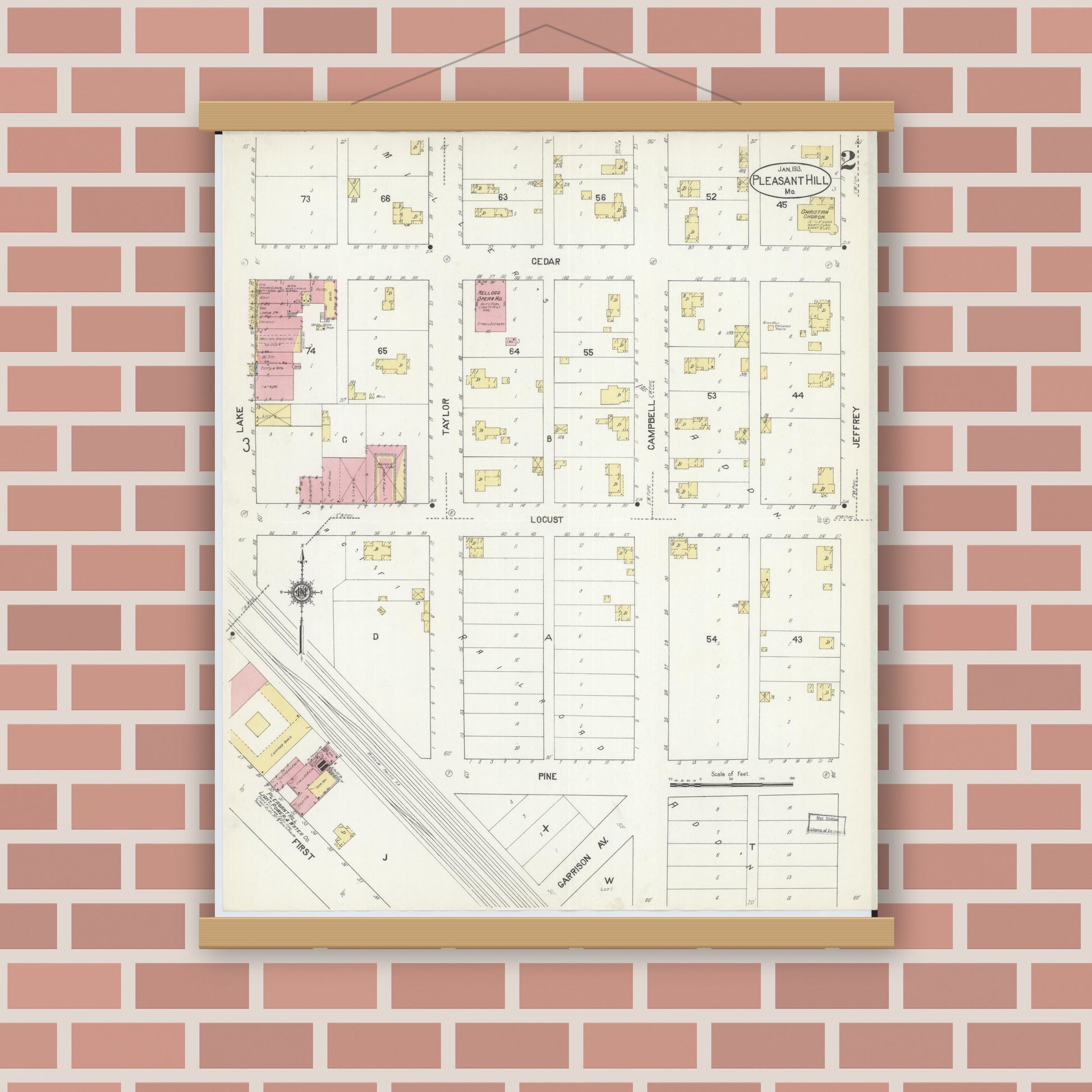 Old map wall art mockup — magnetic wood frame on brick wall — Sanborn Fire Insurance Map from Pleasant Hill, Cass County, Missouri (1913), Sheet #0002