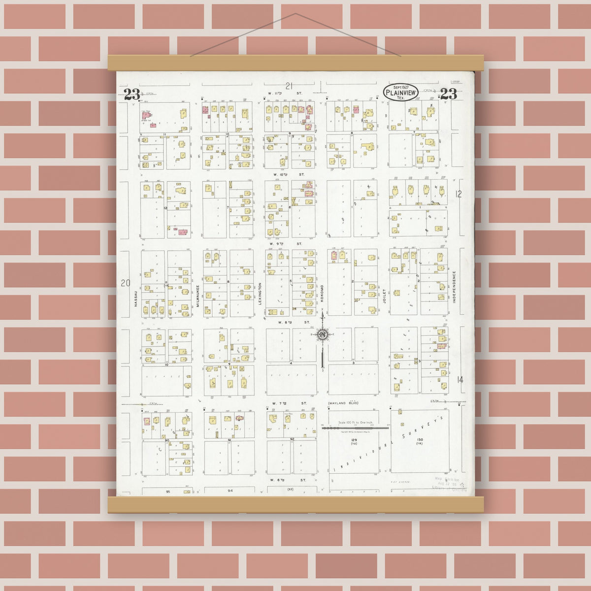 Old map wall art mockup — magnetic wood frame on brick wall — Sanborn Fire Insurance Map from Plainview, Hale County, Texas (1927), Sheet #0023