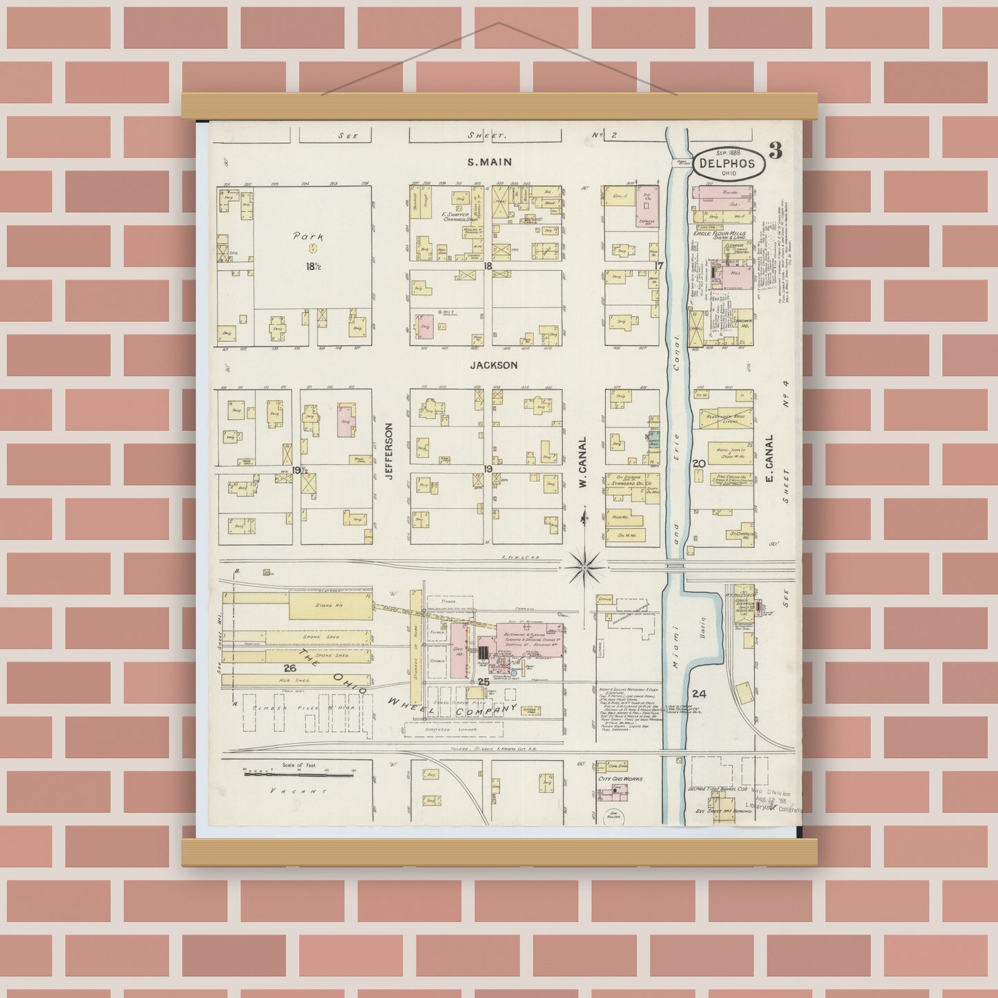 Old map wall art mockup — magnetic wood frame on brick wall — Sanborn Fire Insurance Map from Delphos, Van Wert And Allen Counties, Ohio (1888), Sheet #0003