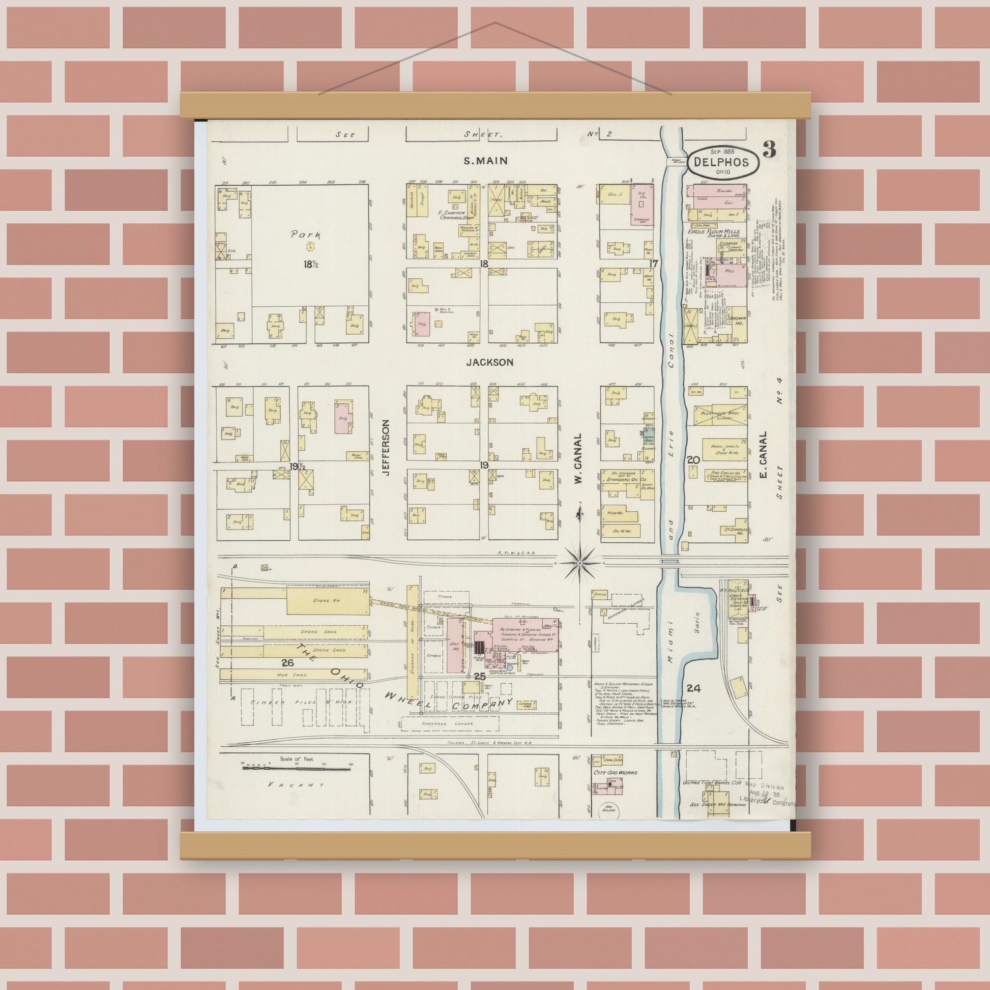 Old map wall art mockup — magnetic wood frame on brick wall — Sanborn Fire Insurance Map from Delphos, Van Wert And Allen Counties, Ohio (1888), Sheet #0003