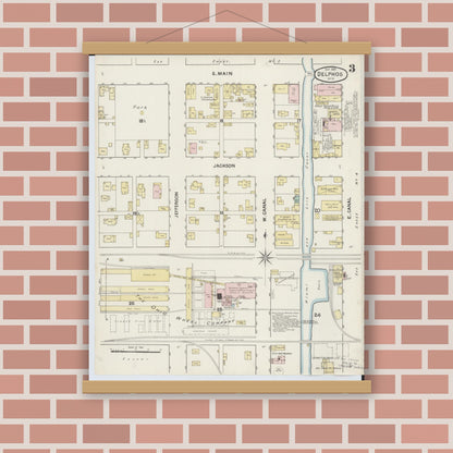 Old map wall art mockup — magnetic wood frame on brick wall — Sanborn Fire Insurance Map from Delphos, Van Wert And Allen Counties, Ohio (1888), Sheet #0003
